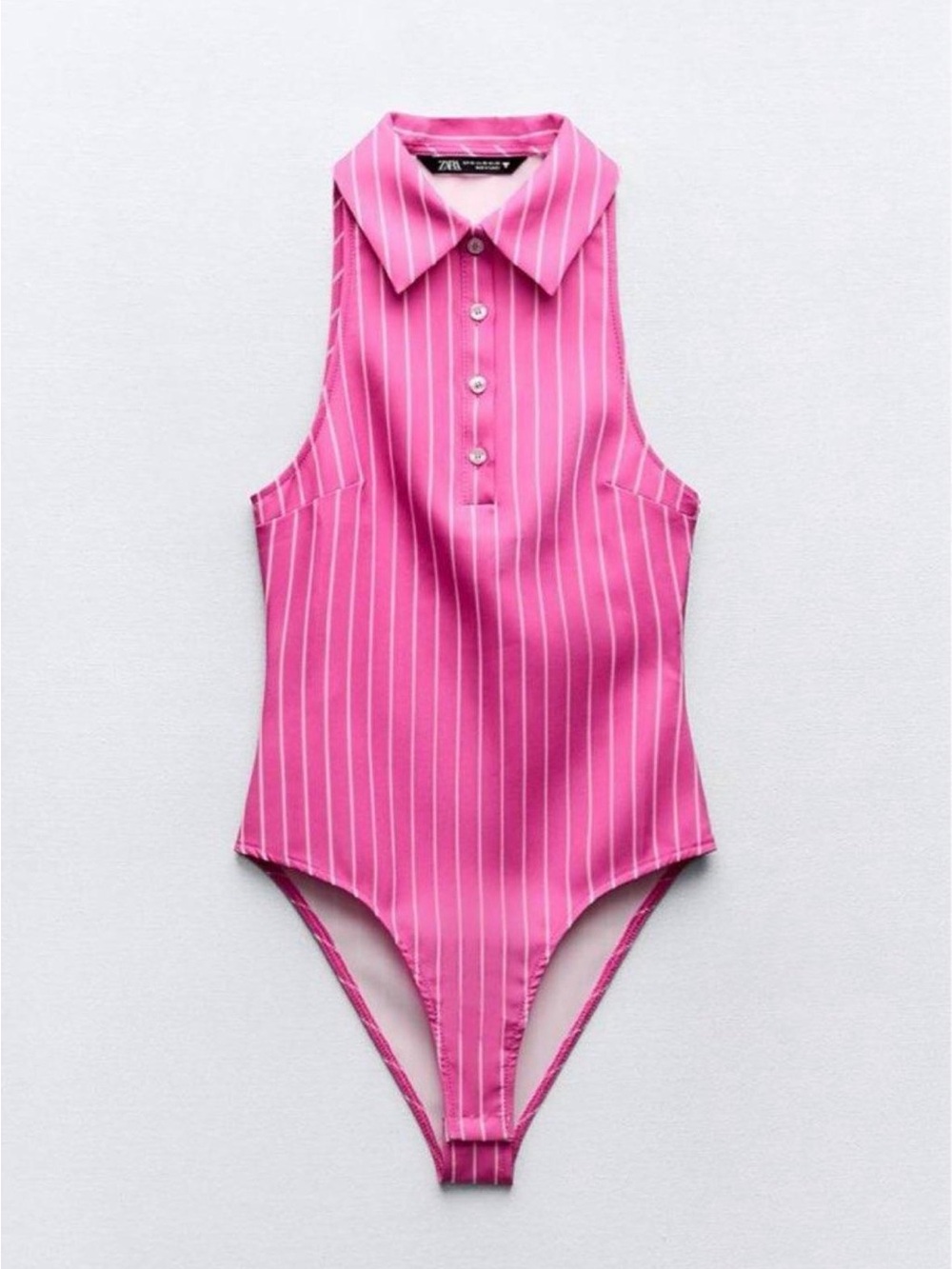 Zara Hot Pink Pinstripe Collared Sleeveless Bodysuit